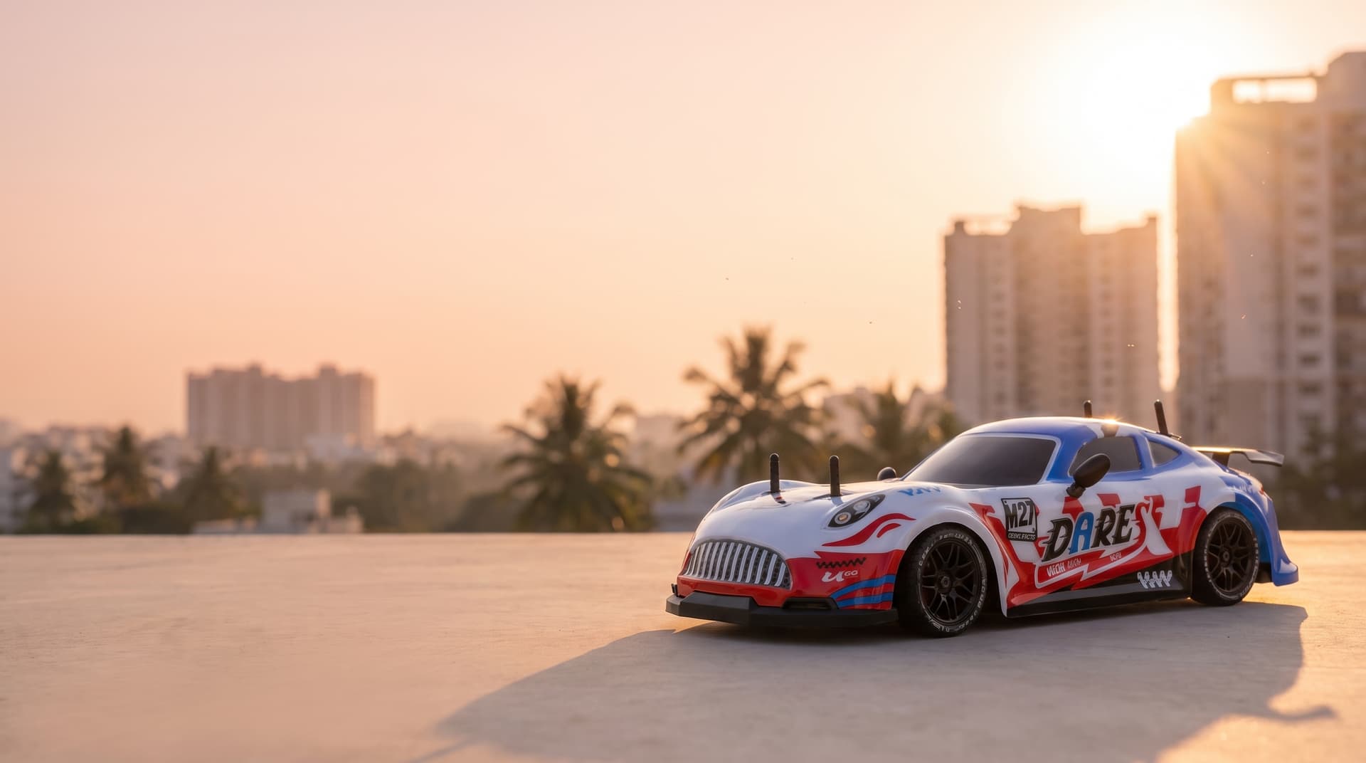 PRC Dares 1:16 RC drift car at rooftop sunset